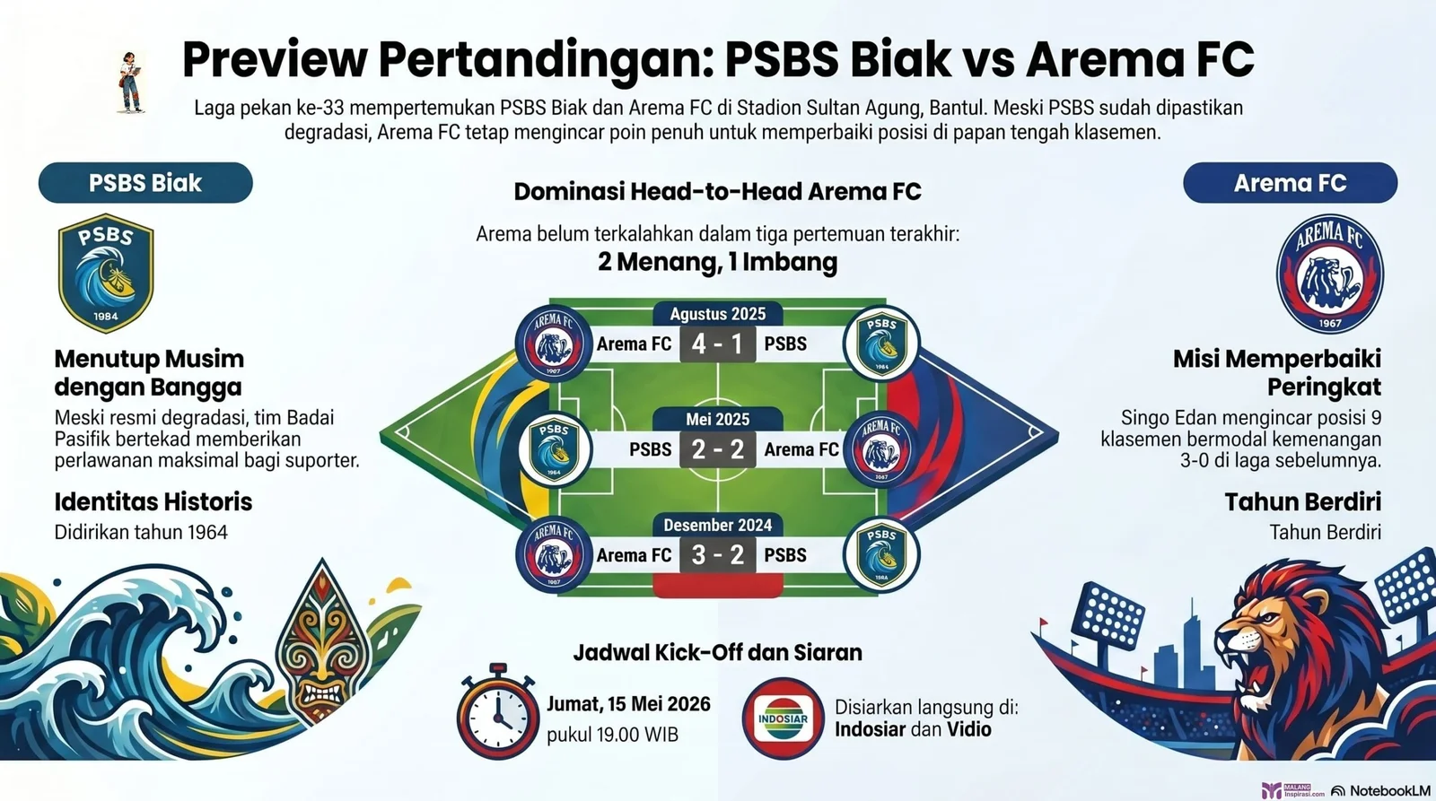 Prediksi PSBS Biak vs Arema FC: Singo Edan Dijagokan Akhiri Krisis Tuan Rumah